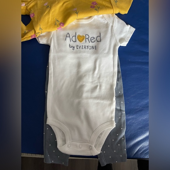 3pcs NWT Carters Girls 6m Golden flower Top Adored Onesie Grey Polka Dot Pants - Picture 7 of 8